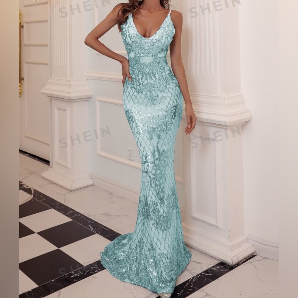 Elegant Blue Patterned Dress Evening Gown